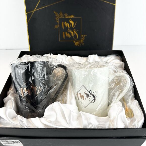 Kedrian Mr & Mrs Mug Gift Set Wedding Anniversary Black White Gold - Picture 1 of 9
